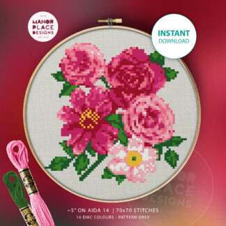 Pink & White Flowers - Cross Stitch Pattern INSTANT DOWNLOAD DMC Colours